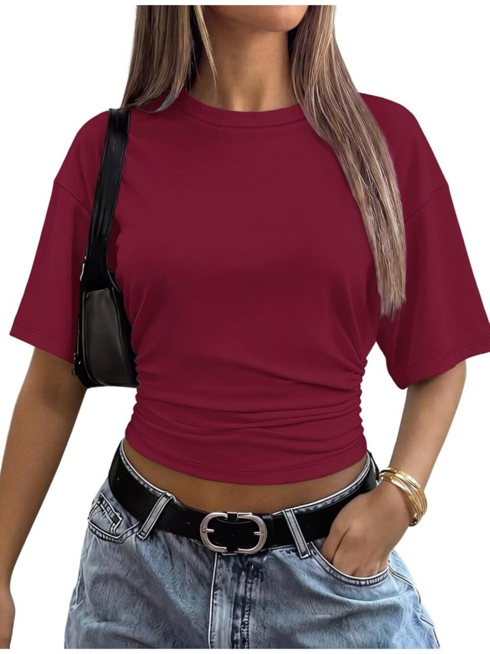 〽️Women's Burgundy Trendy Batwing Short Sleeve Ruched Waist Slim Fitted T Shirt